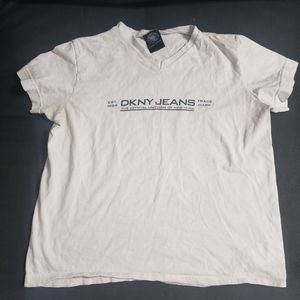 Vintage Womens DKNY Jeans White Logo Short Sleeve V Neck T Shirt Medium